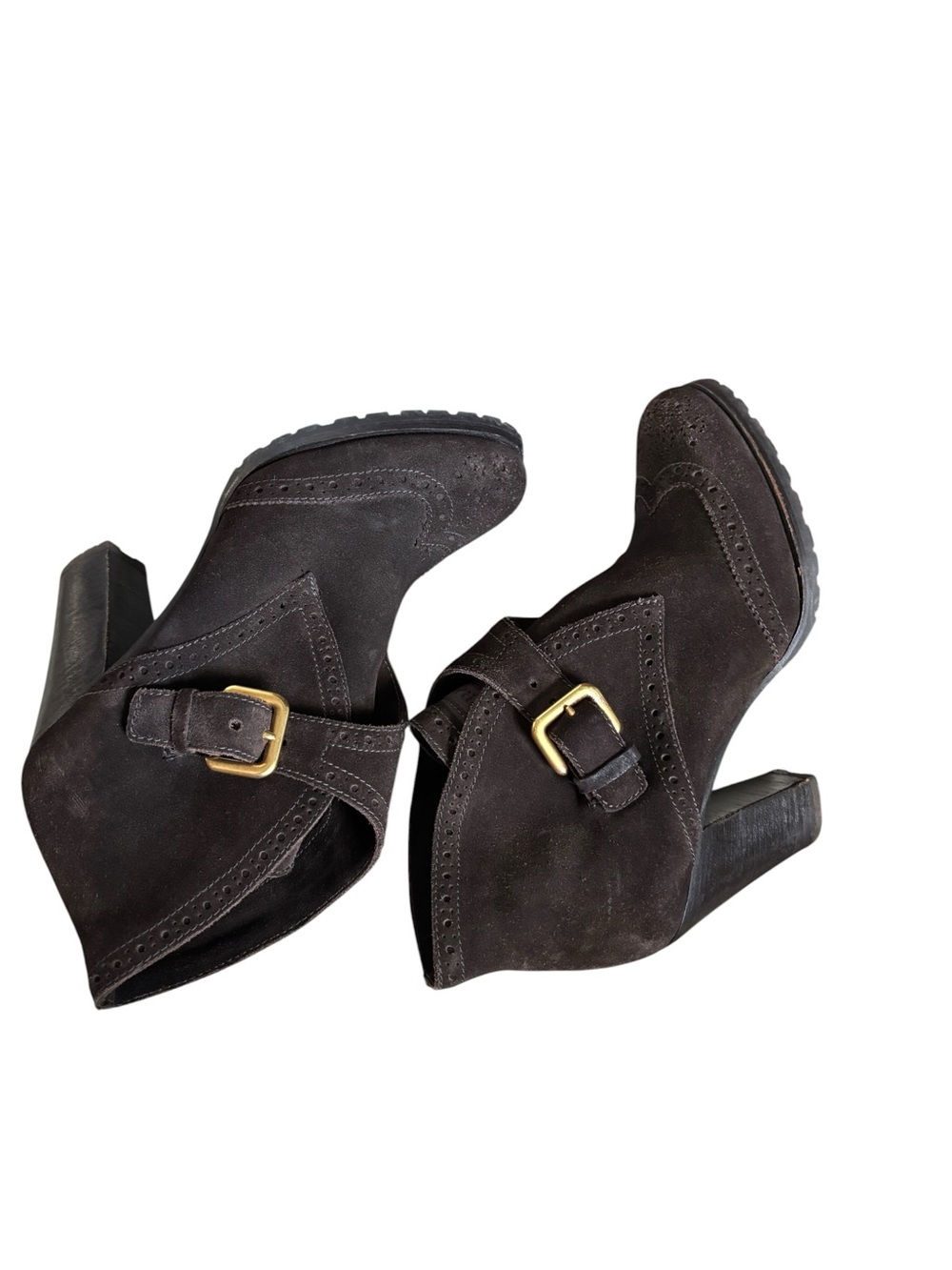Authenticated Prada Milano Dark Brown Suede Brogue Heeled Ankle Boots - Picture 9 of 11